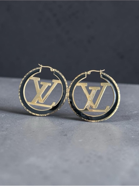 Fashion Jewelry Jewelry - Louis Vuitton Black and Gold Signature Hoop Earrings-fashion jewelry